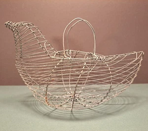 Vintage Rustic Hen-Shaped Wire Egg Basket with Folding Handles: 13" x 8" x 8" - Picture 1 of 9