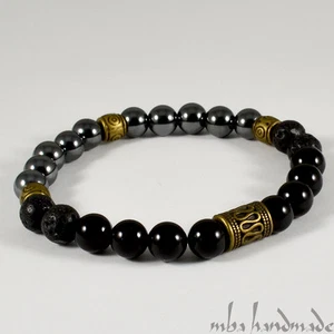 HERREN HÄMATIT & ONYX NATUR & LAVAGESTEIN EDELSTEINE PERLEN ARMBAND MBA HANDARBEIT - Bild 1 von 2