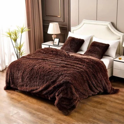 Brown King Faux Fur Winter Blanket,2 Layers,90"X104",Without Pillows Big Soft Pl - Image 1 of 4