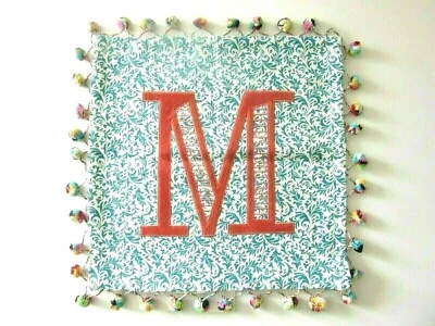 REVERSIBLE Letter Initial 'M' PILLOW COVER with POMPOM FRINGE 18" x 18" ~  New - Image 1 of 4