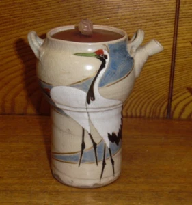 Antique Japanese Kyoto Pottery Personal Teapot w/ Painted Cranes / Storks - 5" - Picture 1 of 11