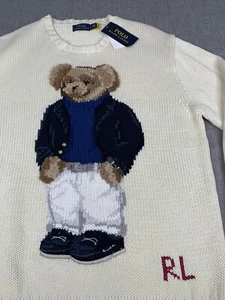 Neu mit Etikett Polo Ralph Lauren elfenbeinfarbener YACHTBÄR Strickpullover mit Rundhalsausschnitt adrett SELTEN Herren M - Bild 1 von 7
