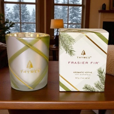 Thymes Frasier Fir Votive – Frosted Plaid Coll. Green Gold & White Glass Jar NEW - Image 1 of 4