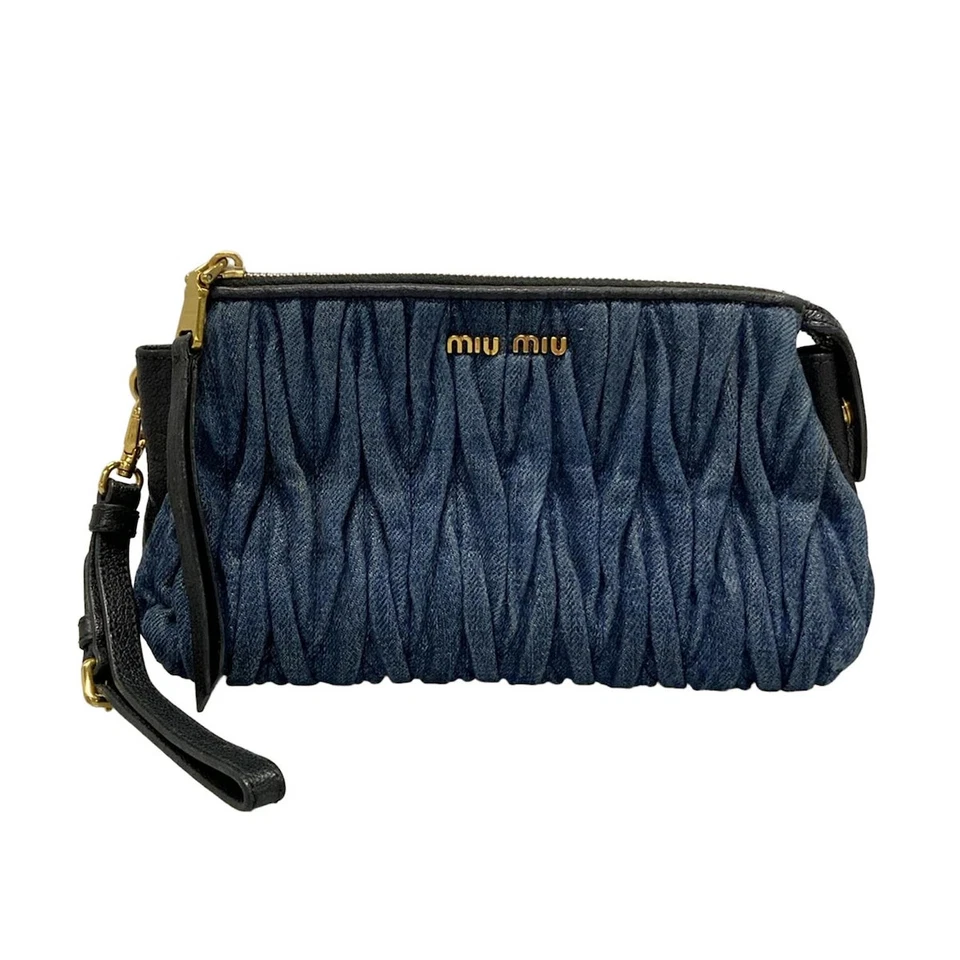 Auth miumiu Matelasse Navy Denim Leather Pouch - Image 1 of 4