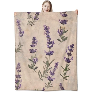 Lavender Flannel Throw Blanket 50x60 Inch, Vintage Purple Floral Sprig on Bei... - Picture 1 of 8