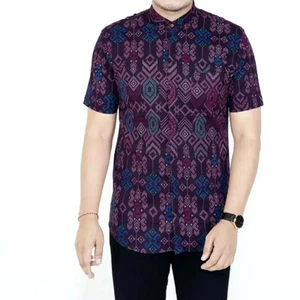 Purple Batik Shirt Short Sleeve Slim Fit Cotton Stretchable - Picture 1 of 4
