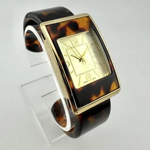 Tortoise Shell 6" Cuff Bracelet Watch Gold Tone Rectangular Face, New Battery - Picture 1 of 10
