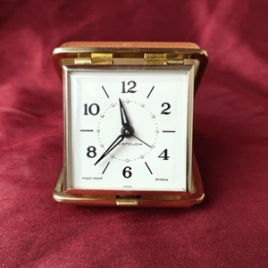Vintage German WESTCLOX Travel Alarm Clock in Leather Case WORKS Has Wear Marks - Picture 1 of 10