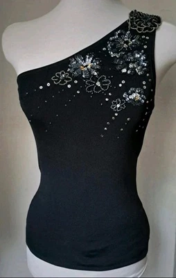 Next Sequined Black One Shoulder Top Size 8 - Image 1 of 4