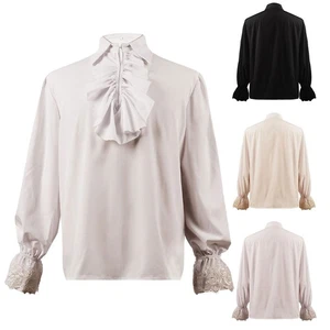 Men Shirt Tops Medieval Retro Solid Color Blouse Classic Collar Formal - Picture 1 of 48