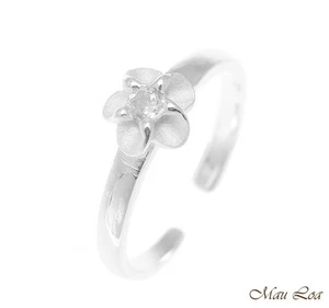 925 Sterling Silver Hawaiian Single Plumeria Flower White CZ Open Toe Ring - Picture 1 of 3