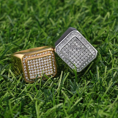 Mens Iced Pinky Ring Cz Band 14k Gold Plated Hip Hop Jewelry Gift Size 7-13 - Image 1 of 4