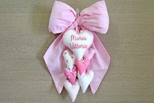 Fiocco Nascita con Cuore ricamato e cascata cuori pendenti ricamo personalizzato