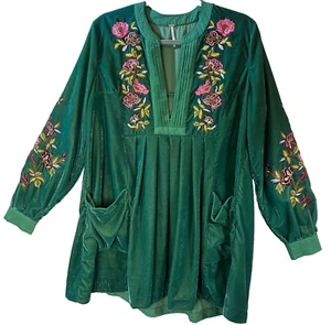 Free People Mia Embroidered Green Velvet Tunic Dress Woman Size M Boho Festival - Picture 1 of 18