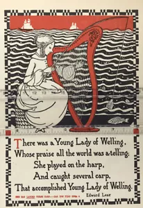 Dama Welling tocando arpa carpa lograda ilustración libro caprichoso vintage - Imagen 1 de 3