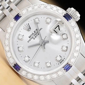 LADIES ROLEX DATE SILVER DIAL 18K WHITE GOLD SAPPHIRE DIAMOND & STEEL WATCH - Picture 1 of 7
