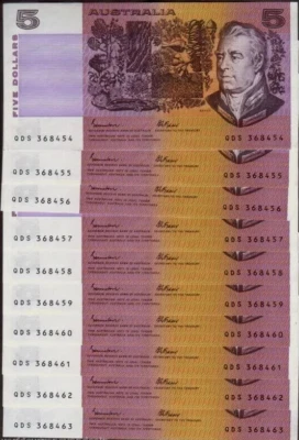 Australia 5 DOLLARS P-44E 1985 x 10 Pcs Running# Rare AUNC Johnstone/Fraser NOTE - Image 1 of 4