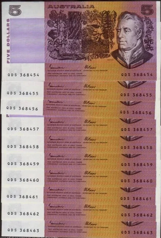 Australia 5 DOLLARS P-44E 1985 x 10 Pcs Running# Rare AUNC Johnstone/Fraser NOTE - Image 1 of 4