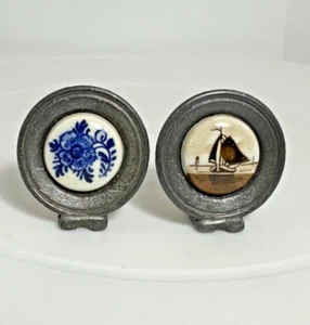 2pc Miniature Cast Aluminum Decorative Plates Porcelain Buttons Sailboat Flower - Picture 1 of 5