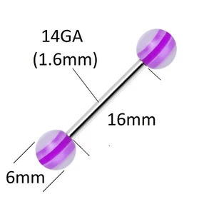 14G 16mm Tongue Bar * Pink / White Striped Colour Balls * Nipple Piercing - Picture 1 of 2
