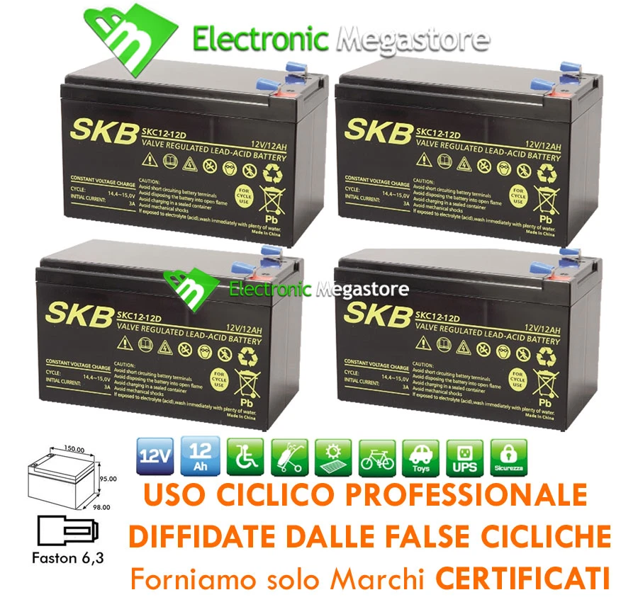 MEGATRONIC 4 X 12V 12AH BATTERIA AL PIOMBO 48V RICARICABILE BICI MONOPATTINO QUAD ELETTRICO
