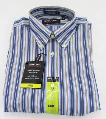 Kirkland Signature Men's Casual Shirt S Blue Striped Non-iron Short Sleeve 80/2 - Image 1 of 4