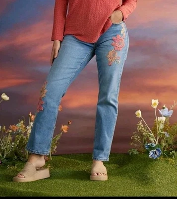 Pantalones de mezclilla Dittos para mujer 6 azules bordados florales lavado claro boho hippie nuevos con etiquetas Foto 1 de 4