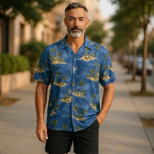 Camicia uomo Island Shores taglia XXL blu stampa palma ukulele rayon hawaiano - Foto 1 di 8