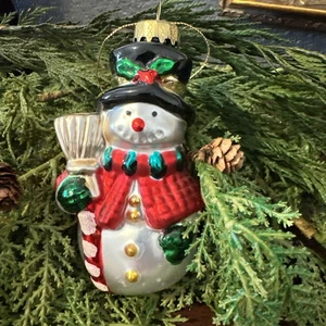 PUPAZZO DI NEVE SORRIDENTE VETRO SOFFIATO ORNAMENTO NATALE - Foto 1 di 4