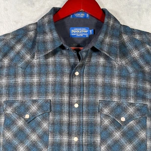 Pendleton Shirt Large Long LT Tall Blue Plaid Canyon Wool Pearl Snap Western - Picture 1 of 7