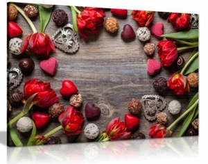 Rustikale rote Blumen & Schokolade auf Holz Leinwand Wandbild Bild Druck - Bild 1 von 5