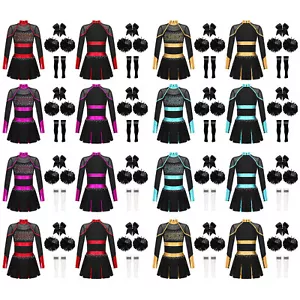 Kids Girls Pleated Dress Masquerade Dance Outfits Mock Neck Cheerleading Socks - Picture 1 of 38