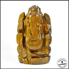 565 Ct Natural Untreated Tiger Eye Lord Ganesha Hand Carved Gems For Home Pooja
