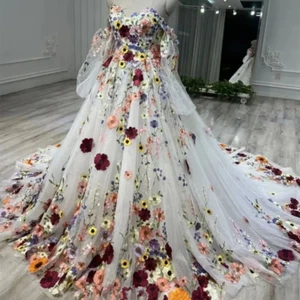 Multi Colored 3D Flower Wedding Dresses Sweetheart Neck Sweep Train Bridal Gown - Picture 1 of 9