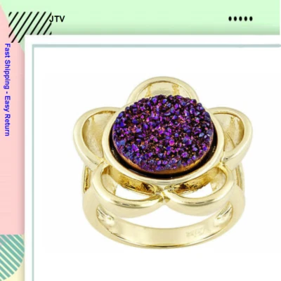 JANINE JO (TM) ROUND PURPLE COLOR DRUSY QUARTZ 18K YELLOW GOLD OVER BRASS RING  - Image 1 of 2
