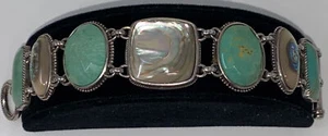 VINTAGE SIGNED PB ABALONE SHELL & Turquoise Sterling Silver Chunky BRACELET - Picture 1 of 9