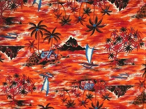 Vintage Island Hawaii Orange Drapery Fabric Palm Trees Outrigger 5 Yards X 44” - Picture 1 of 5