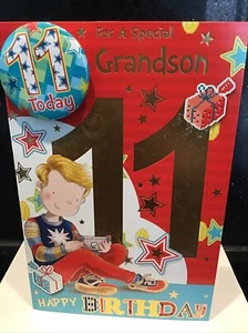 11TH GRANDSON BIRTHDAY CARD BADGE 9" X 6" AGE 11 ELEVEN - Picture 1 of 4