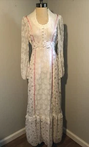 Vintage 70s Gunne Sax Style Ditsy Floral Lace Prairie Maxi Dress ILGWU S/M 11/12 - Picture 1 of 16