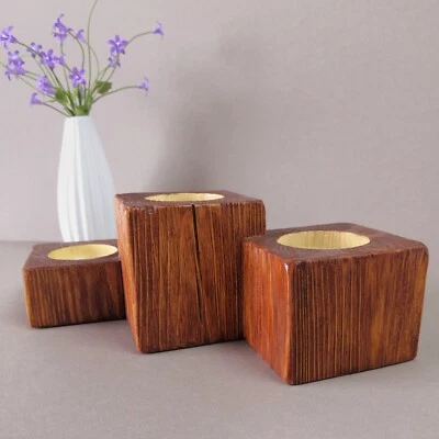 Juego de 3 candelabros de té en estilo rústico hecho a mano candelabro de madera Foto 1 de 4