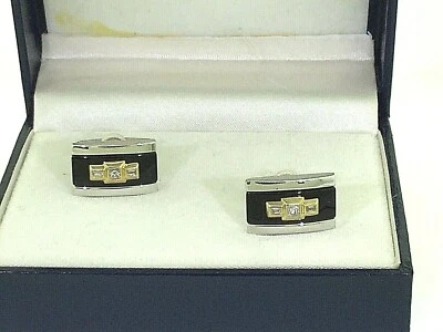 STAINLESS STEEL & 14K GOLD  WITH ONYX  AND DIAMOND CUFF LINK PAIR NEW  - Image 1 of 3