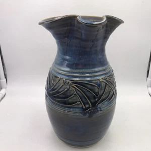 Studio Art Pottery Pitcher Blue 9” Signed Numbered Large - Picture 1 of 13