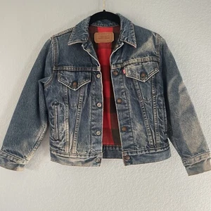 Vintage Levi's 80s Checker Flannel 70807 Lined Denim Trucker Jacket Boys Size 12 - Picture 1 of 13