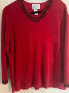 Womens XL Stitches In Time Red Pullover Sweater V-Neck Embroidered Beaded Soft - Picture 1 of 3