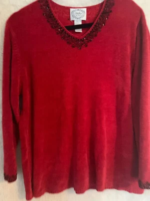 Womens XL Stitches In Time Red Pullover Sweater V-Neck Embroidered Beaded Soft - Image 1 of 3