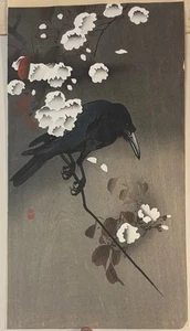 Original OHARA KOSON 'Crow on CHERRY BLOSSOM Branch' Japanese WOODBLOCK Print - Picture 1 of 17