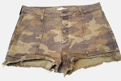 Pantalones Cortos SO Camuflados de Tiro Alto para Mujer Jrs 17 Botones Mosca Dobladillo Crudo Grunge Elastizados Verde Foto 1 de 4