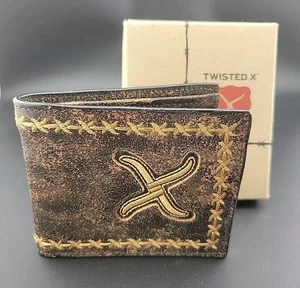 TWISTED X Bifold Mens Western Wallet GENUINE LEATHER~Distressed Embroidered Logo - Picture 1 of 5