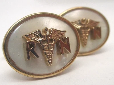 Abotoaduras médicas vintage folheadas a ouro amarelo e brancas registradas no RN - Imagem 1 de 4