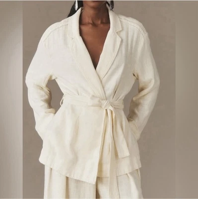 Chaqueta Blazer Anthropologie Mezcla de Lino Cinturón Talla M - Envoltura Texturizada Crema Nueva con Etiquetas Foto 1 de 4